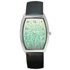 Green Ombre Feather Pattern, White, Barrel Style Metal Watch by Zandiepants