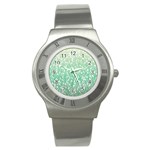 Green Ombre feather pattern, white, Stainless Steel Watch Front