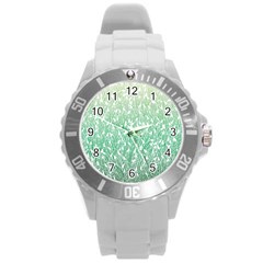 Green Ombre Feather Pattern, White, Round Plastic Sport Watch (l) by Zandiepants