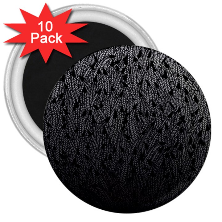 Grey Ombre feather pattern, black, 3  Magnet (10 pack)