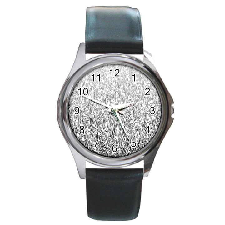 Grey Ombre feather pattern, white, Round Metal Watch