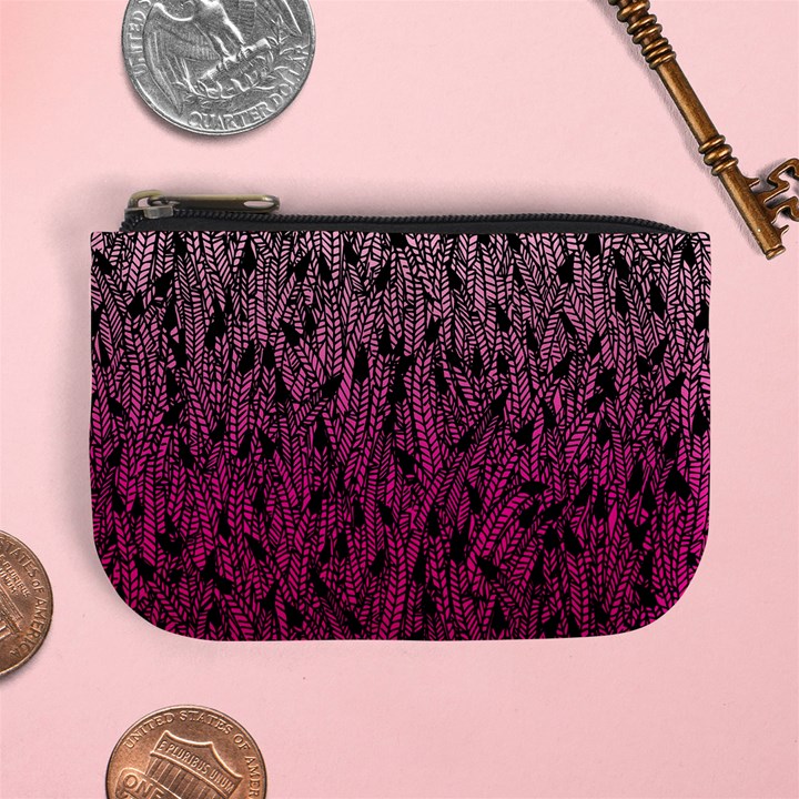 Pink Ombre feather pattern, black, Mini Coin Purse