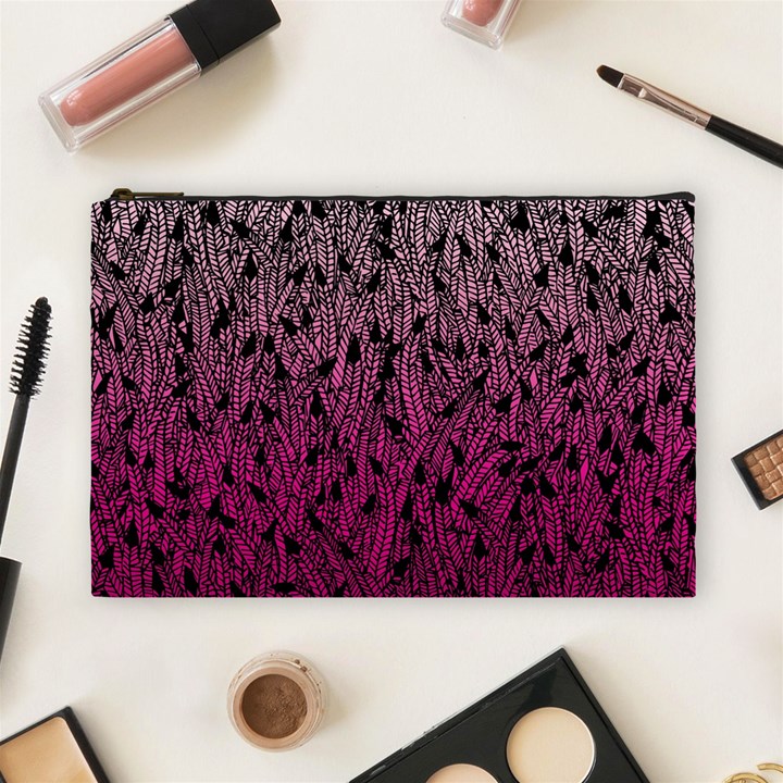 Pink Ombre feather pattern, black, Cosmetic Bag (Large)