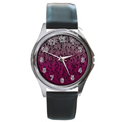 Pink Ombre Feather Pattern, Black, Round Metal Watch by Zandiepants