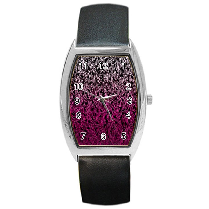 Pink Ombre feather pattern, black, Barrel Style Metal Watch