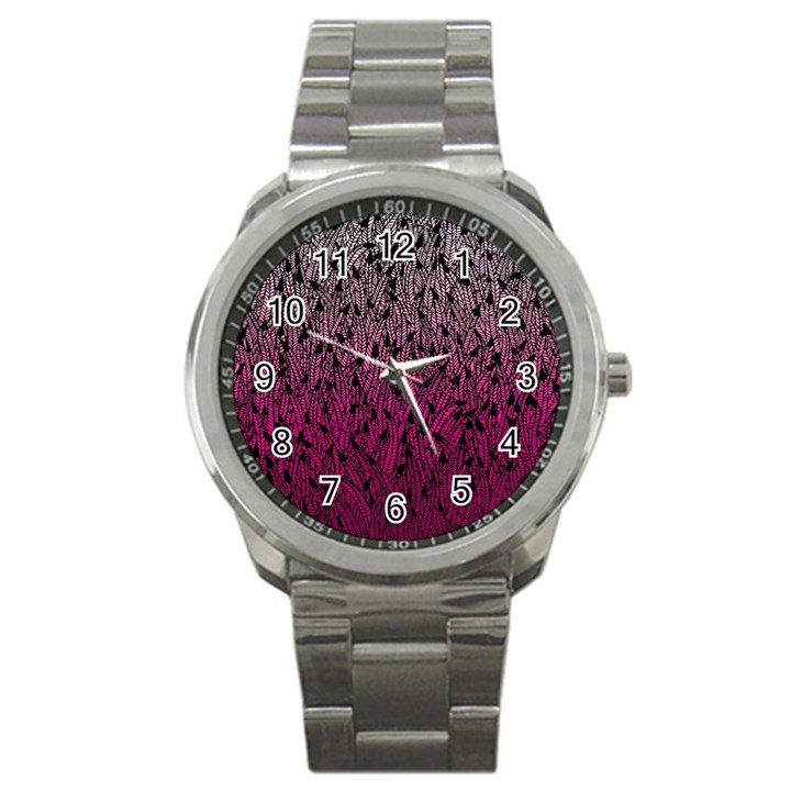 Pink Ombre feather pattern, black, Sport Metal Watch