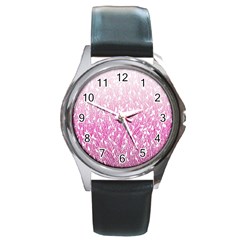 Pink Ombre Feather Pattern, White, Round Metal Watch by Zandiepants