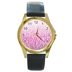 Pink Ombre Feather Pattern, White, Round Gold Metal Watch by Zandiepants