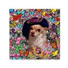 Chi Chi In Butterflies, Chihuahua Dog In Cute Hat Small Satin Scarf (square) by DianeClancy