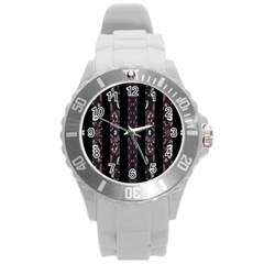 Oriental Floral Stripes Round Plastic Sport Watch (l) by dflcprints