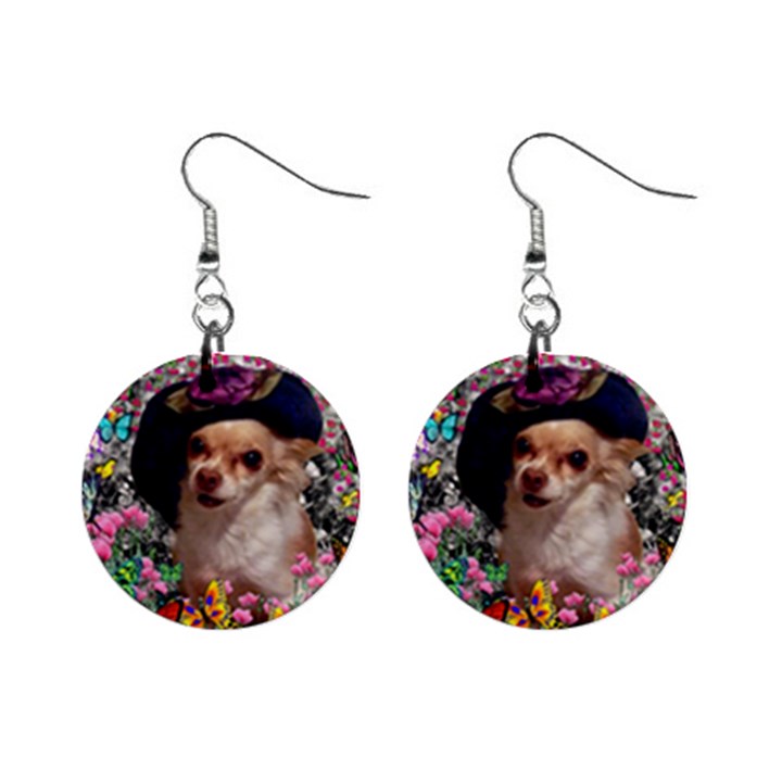 Chi Chi In Butterflies, Chihuahua Dog In Cute Hat Mini Button Earrings