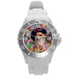 Chi Chi In Butterflies, Chihuahua Dog In Cute Hat Round Plastic Sport Watch (L) Front