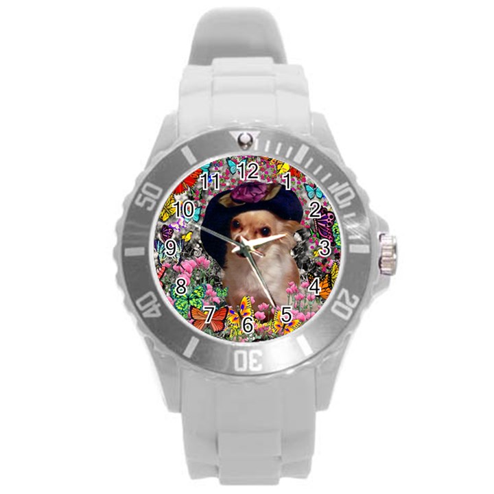 Chi Chi In Butterflies, Chihuahua Dog In Cute Hat Round Plastic Sport Watch (L)