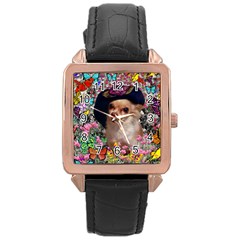 Chi Chi In Butterflies, Chihuahua Dog In Cute Hat Rose Gold Leather Watch  by DianeClancy