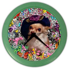 Chi Chi In Butterflies, Chihuahua Dog In Cute Hat Color Wall Clocks by DianeClancy