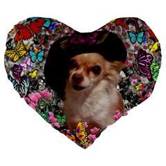 Chi Chi In Butterflies, Chihuahua Dog In Cute Hat Large 19  Premium Flano Heart Shape Cushions by DianeClancy