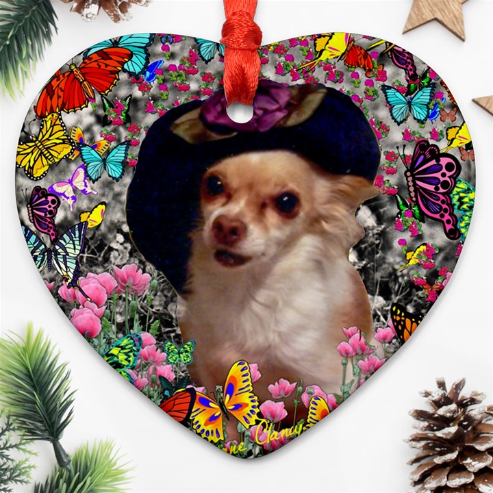 Chi Chi In Butterflies, Chihuahua Dog In Cute Hat Ornament (Heart) 