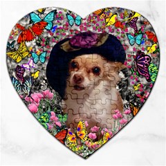 Chi Chi In Butterflies, Chihuahua Dog In Cute Hat Jigsaw Puzzle (heart) by DianeClancy