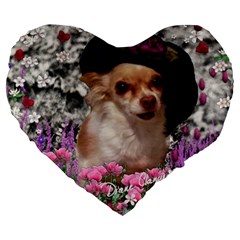 Chi Chi In Flowers, Chihuahua Puppy In Cute Hat Large 19  Premium Heart Shape Cushions by DianeClancy