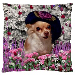 Chi Chi In Flowers, Chihuahua Puppy In Cute Hat Large Flano Cushion Case (one Side) by DianeClancy