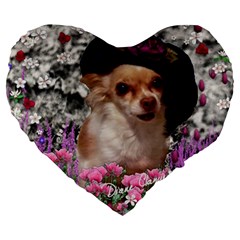 Chi Chi In Flowers, Chihuahua Puppy In Cute Hat Large 19  Premium Flano Heart Shape Cushions by DianeClancy