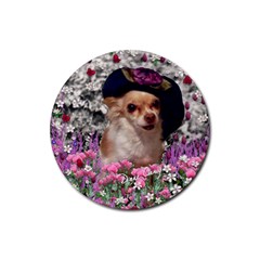 Chi Chi In Flowers, Chihuahua Puppy In Cute Hat Rubber Round Coaster (4 Pack)  by DianeClancy