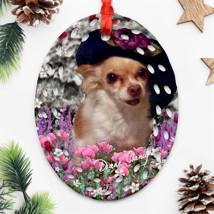 Chi Chi In Flowers, Chihuahua Puppy In Cute Hat Ornament (Oval Filigree) 