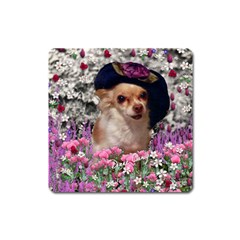 Chi Chi In Flowers, Chihuahua Puppy In Cute Hat Square Magnet by DianeClancy