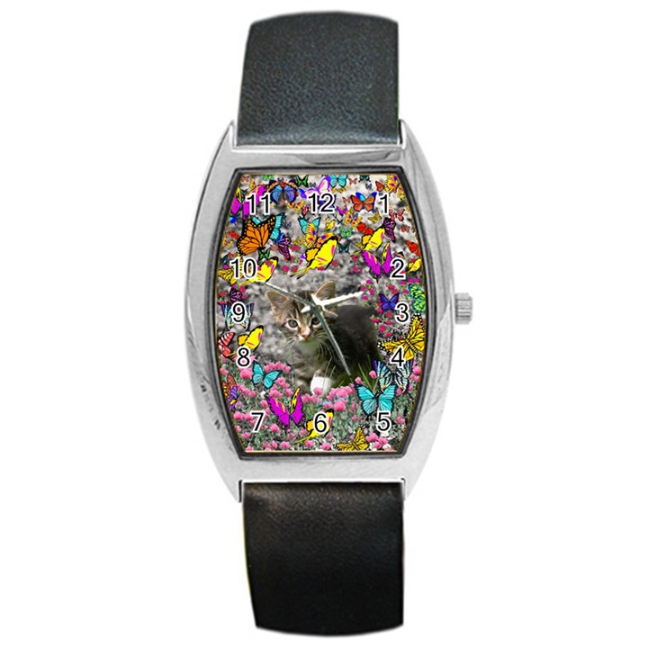 Emma In Butterflies I, Gray Tabby Kitten Barrel Style Metal Watch