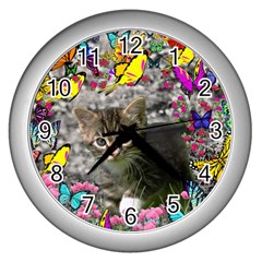 Emma In Butterflies I, Gray Tabby Kitten Wall Clocks (silver)  by DianeClancy