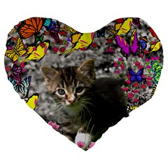 Emma In Butterflies I, Gray Tabby Kitten Large 19  Premium Heart Shape Cushions by DianeClancy