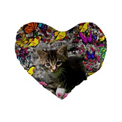 Emma In Butterflies I, Gray Tabby Kitten Standard 16  Premium Flano Heart Shape Cushions by DianeClancy