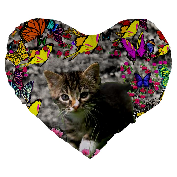 Emma In Butterflies I, Gray Tabby Kitten Large 19  Premium Flano Heart Shape Cushions