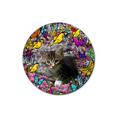 Emma In Butterflies I, Gray Tabby Kitten Rubber Round Coaster (4 Pack)  by DianeClancy