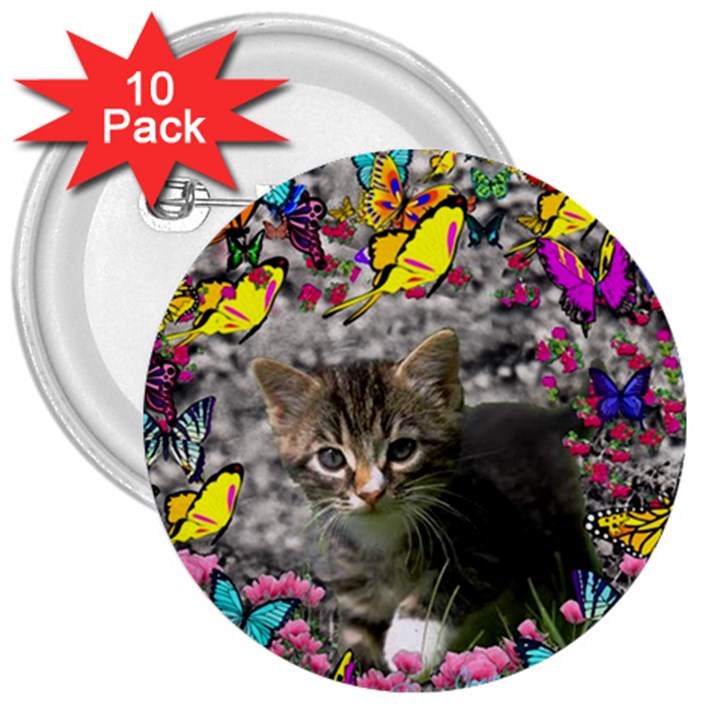 Emma In Butterflies I, Gray Tabby Kitten 3  Buttons (10 pack) 