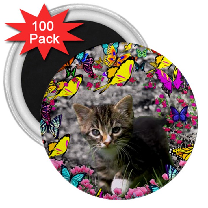 Emma In Butterflies I, Gray Tabby Kitten 3  Magnets (100 pack)