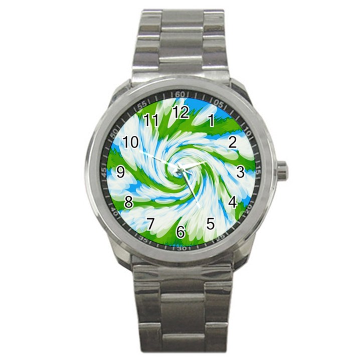 Tie Dye Green Blue Abstract Swirl Sport Metal Watch