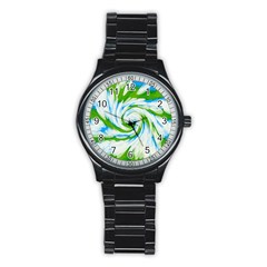 Tie Dye Green Blue Abstract Swirl Stainless Steel Round Watch by BrightVibesDesign