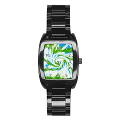 Tie Dye Green Blue Abstract Swirl Stainless Steel Barrel Watch by BrightVibesDesign