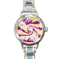 Tie Dye Pink Yellow Swirl Abstract Round Italian Charm Watch by BrightVibesDesign