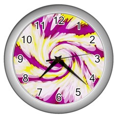 Tie Dye Pink Yellow Abstract Swirl Wall Clocks (silver)  by BrightVibesDesign