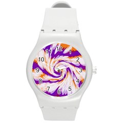 Tie Dye Purple Orange Abstract Swirl Round Plastic Sport Watch (m) by BrightVibesDesign