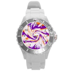 Tie Dye Purple Orange Abstract Swirl Round Plastic Sport Watch (l) by BrightVibesDesign