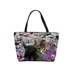 Emma In Flowers I, Little Gray Tabby Kitty Cat Shoulder Handbags by DianeClancy