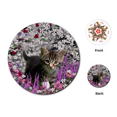 Emma In Flowers I, Little Gray Tabby Kitty Cat Playing Cards (round)  by DianeClancy