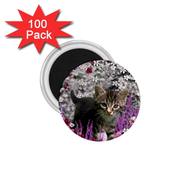 Emma In Flowers I, Little Gray Tabby Kitty Cat 1.75  Magnets (100 pack) 