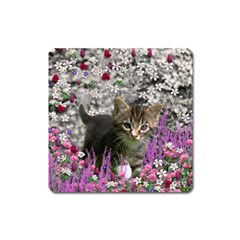 Emma In Flowers I, Little Gray Tabby Kitty Cat Square Magnet by DianeClancy