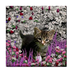 Emma In Flowers I, Little Gray Tabby Kitty Cat Tile Coasters by DianeClancy