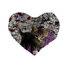 Emma In Flowers I, Little Gray Tabby Kitty Cat Standard 16  Premium Heart Shape Cushions by DianeClancy