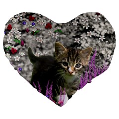 Emma In Flowers I, Little Gray Tabby Kitty Cat Large 19  Premium Heart Shape Cushions by DianeClancy